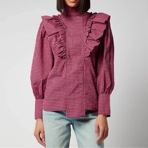 Ganni Seersucker Check Pattern Ruffle Top Women Size EU 38 Medium Pink Black NEW